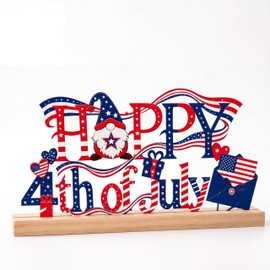 4th of July Decorations ,Metal Happy 4th of July Sign with Wooden Base, Patriotic Red White Blue Decor with American Flag Ribbons & Gnomes, Independence Day Table Centerpiece for Home Tiered Tray Shelf Mantel Desk Office(Happy 4th of July)