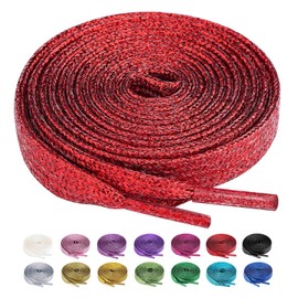 Olukssck 2 Pairs Flat Glitter Shiny Metallic Shoe Laces for Sneakers, 2/5" Wide Sequin Athletic Shoelaces Red 47 inch(120cm)