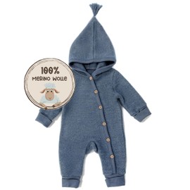 MIRARI Kids Wolloverall Baby Wool Fleece Suit 100% Fleece Wool Autumn Winter First Equipment with Buttons and Hood, blue