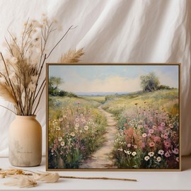 Gardenia Art Framed Flowers Path Art Prints Colorful Wildflower Field Wall Art Nature Spring Landscape Canvas Painting Vintage Floral Botanical Aesthetics Picture Farmhouse Home Wall Decor 12x16 Inch