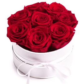 ROSEMARIE SCHULZ Heidelberg Infinity Rose Box Round - Flower Box 8 Real Roses Durable 3 Years Diameter 15 cm - Gift for Women (Medium, White/Red)
