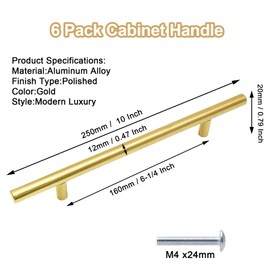Cjueiom 6 Pack Gold Cupboard Handles 160mm Hole Center T Bar Handles, Stainless Steel Drawer Handles Long Wardrobe Door Handles Pulls, 250mm Length Kitchen Cabinet Handles for Bedroom Drawer