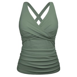 Firpearl - Tankini con aros para mujer, solo con cuello en V y fruncido, para control de abdomen, Verde militar, 16