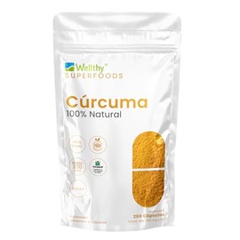 Wellthy Cúrcuma 200 CÁPSULAS 700mg c/u. Solo 1 Cápsula al día. Mas de 6 meses de consumo, VCaps Cápsulas veganas, Bottle Free.