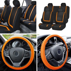 FH Group Unique Flat Cloth Full Set Car Seat Covers w. Silicone Steering Wheel Cover- Universal Fit for Most Cars, Trucks, SUVs or Vans (Orange/Black)