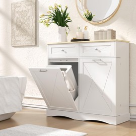 Jehiatek Tilt-Out Trash Can Cabinet - Hidden 12 Gallon Kitchen Garbage Bin Storage with Recycling & Laundry Hamper, Wooden Pet-Proof Design for Kitchen, Pantry, Living Room (White)