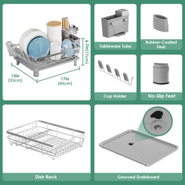 MOUKABAL Dish Drying Rack - Stainless Steel Dish Rack, Dish Racks for Kitchen Counter, Drying Rack Kitchen with Removable Utensil Holder, Drainboard and Glass Organizer (Grey)