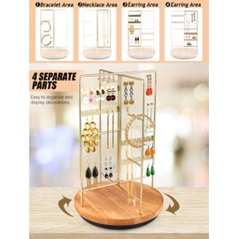 TOROKOM Jewelry Holder Organizer, Rotating Jewelry Display 4 Independent Sections, Metal Frame Earring Bracelet Stand with Bottom Tray, Display Rack for Earrings,Necklaces, Bracelets, Rings-Gold