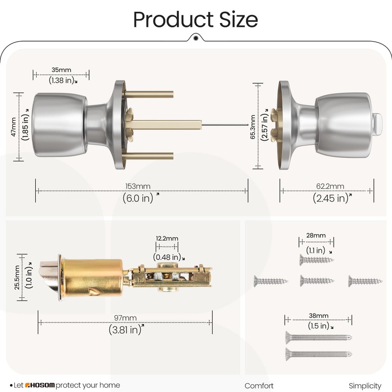 HOSOM Door Knob with Lock and Key, Keyed Entry Door