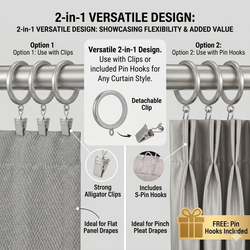 18 Pack Heavy Duty Polished Nickel Curtain Rings with Quieter