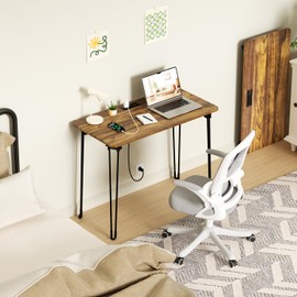 coeztt Folding Desk, 31.5" Hairpin Legs Small Desk with Power Strip for Bedroom, Space Saving Foldable Computer Desk for Home Office, No Assembly Need,Brown