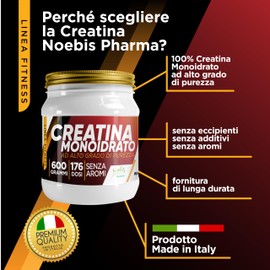 Creatina Monoidrato 600 Grammi - 176 Dosi - 100% Polvere pura - Solubilità ottimale - Senza additivi - Gusto Neutro - Creatine per Crescita Massa Muscolare, Forza e Resistenza - Integratore Alimentare