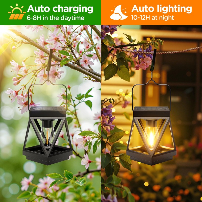 KOOPER 4 Pack Solar Lanterns Outdoor Waterproof, Upgraded Black Metal