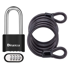 disecu® Heavy Duty Long Shackle 4 Digit Combination Lock Outdoor Waterproof Resettable Padlock with Steel Cable for Bike, Gate, Fence (Black)