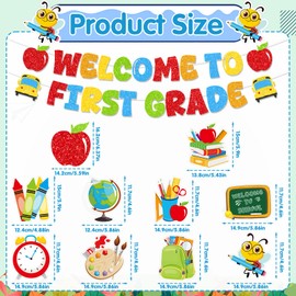 Lovarywow First Day of School Decorations - 11PCS Back to School Decorations Glitter Welcome to 1st Grade Banner Hanging Swirls Colorful First Day of 1st Grade Party Decor Classroom Supplies