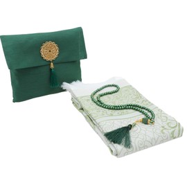Prien Muslim Prayer Rug With Tasbih Beads and Portable Bag, Muslim Gift For Women Men, Mubarak Islamic Box, Soft Mat Gifts Set, Turkish Carpet For Ramadan, Eid, Hajj, Travel (Emerald)