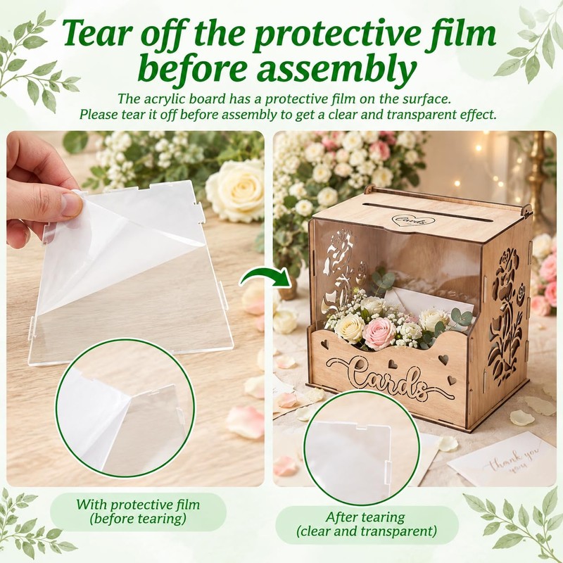 MRSUPP Wooden Wedding Card Box, Hollow Acrylic Window, 24x20x24cm