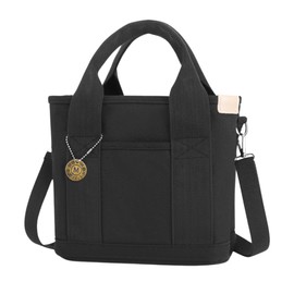 W&C Women's Tote Bag, Divider, Zippered, Small, 2-Way Mini Canvas, Shoulder Bag, Handbag, Beautiful Storage, Lightweight, Front Pocket, Eco Bag, Lunch Bag, Black