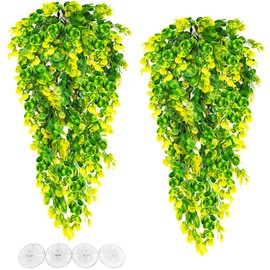 Hamiledyi Reptile Plants Hanging Terrarium Plants Artificial Leaves Habitat Decorations with Suction Cup Green and Yellow Fake Amphibian Plants for Bearded Dragon Lizard Geckos Chameleon（2 Pack）