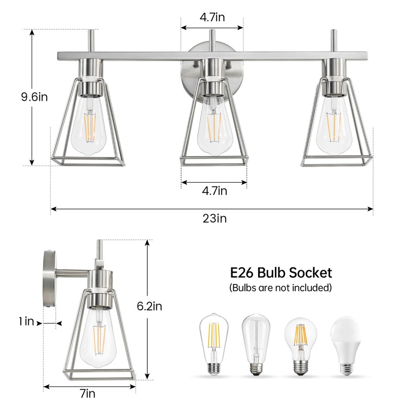 HAHZT Industrial Bathroom Vanity Lights: 3-Lights Silver Brushed Nickel Vintage