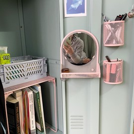 Svartur Locker Shelf with Locker Mirror Magnetic & 2 Magnetic Pen Cups, Locker Organizer for Work, Mesh Metal Locker Accessories Kit for School Locker, Locker Decor Office Supplies, Pink