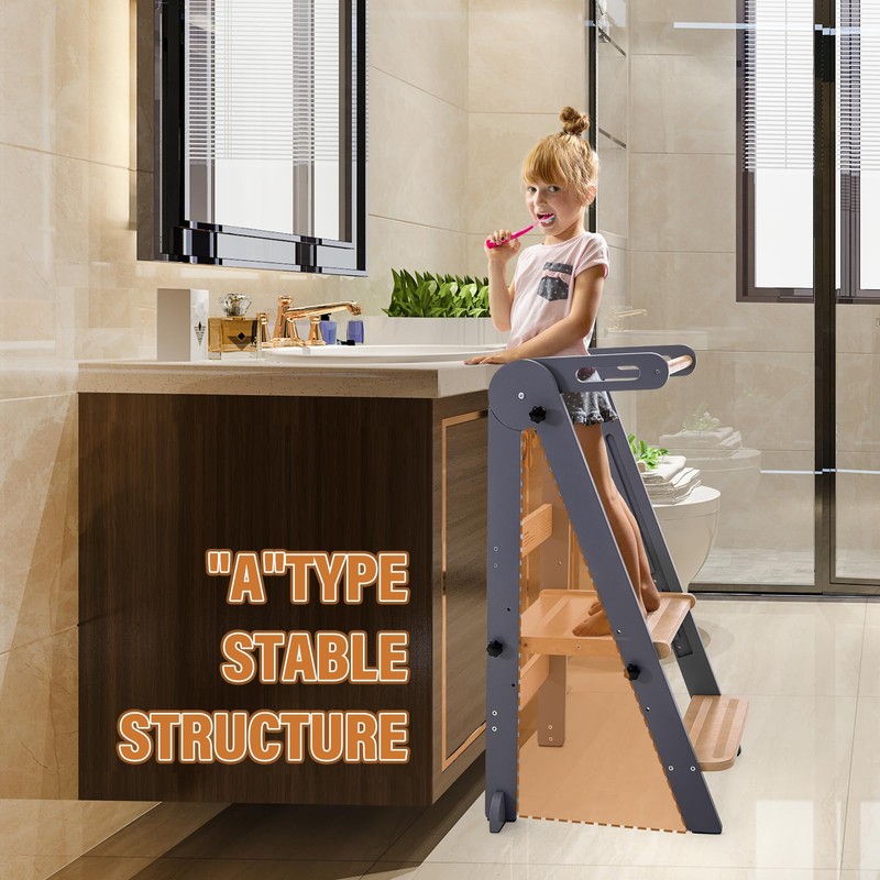 Gewitt Foldable Toddler Kitchen Stool Helper - Adjustable Height Folding
