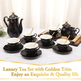 DUJUST 22 pcs Porcelain Tea Set for 6, Luxury British Style Tea/Coffee Cup Set with Golden Trim, Beautiful Tea Set for Women, Tea Party Set, Gift Package (Including a Stand) - Black