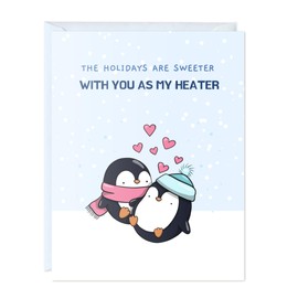 ALY LOU Cute Christmas Card – Punny Holiday Greeting Card Cute, Blank Inside, Perfect for Friends, Family, Him, Her, Coworker (1 Card - With You as My Heater - Penguins)