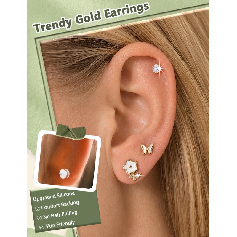 3 Pairs Gold Flower Butterfly CZ Stud Earrings with Silicone