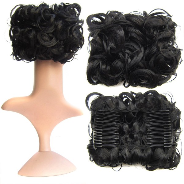 SWACC Short Messy Curly Dish Hair Bun Extension Easy Stretch hair Combs Clip in Ponytail Extension Scrunchie Chignon Tray Ponytail Hairpieces (Off Black-1B#)