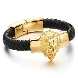 COOLSTEELANDBEYOND Mens Large Braided Leather Bracelet with Steel Gold Color Lion and Black Genuine Leather Straps(CA)
