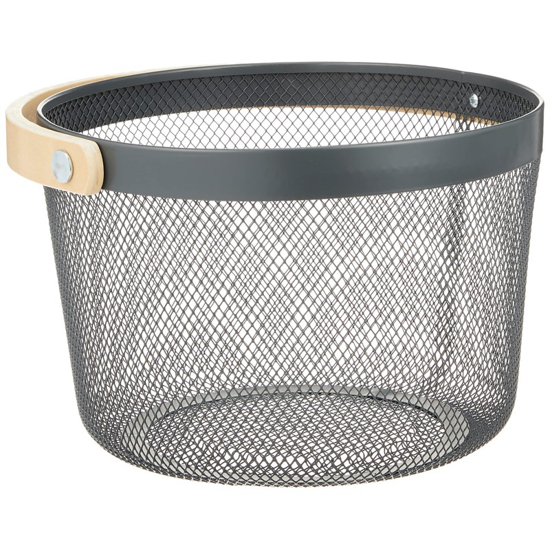 Daikai Linie Storage Iron Basket Wood Handle Round Gray