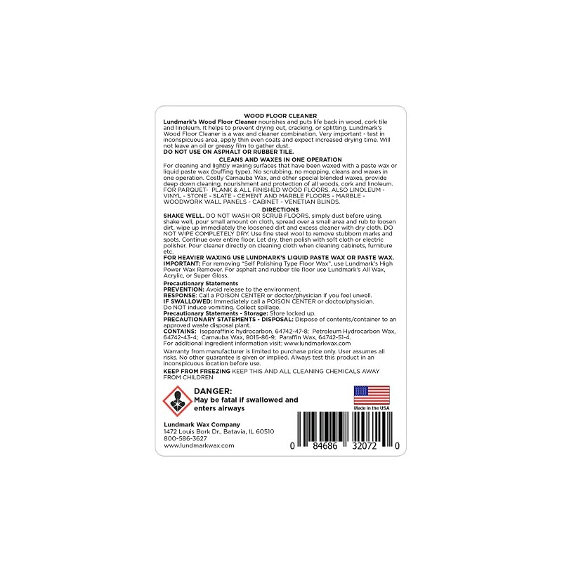 Lundmark Wood Floor Cleaner, for Paste Wax Finish Floors with