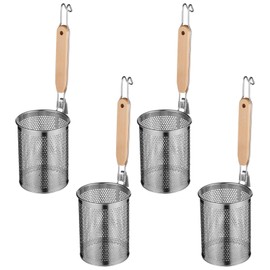 Stainless Steel Pasta Strainer, 4 Pcs Noodle Dumpling Strainers, Blanching Baskets with Wood Handle, Mesh Spider Strainer for Pasta, Noodle, Dumpling (4.6"D x 5.9"H)