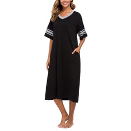Vslarh Women's Nightgown Long Loungewear Short Sleeve Sleepshirt V Neck Pajama Dress with Pockets S-3XL Black
