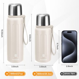 Vacuum Insulated Thermo Flasks with Cup 800ml/27oz Stainless Steel Thermo Bottles for Cold and Hot Drinks Water Coffee Flask with Cup (White,800ml)