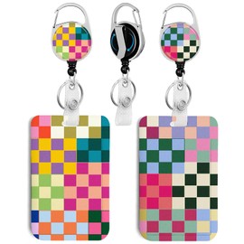 2 Pack Colorful Checkered ID Badge Holder with Clip Badge Reels