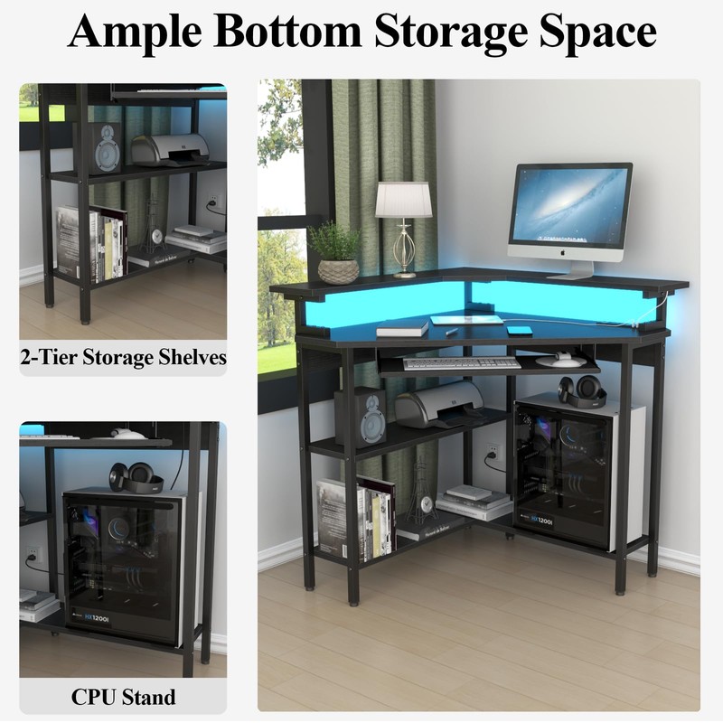 Auromie Corner Desk with Charging Station & LED Light, Triangle