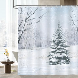 Bonhause Shower Curtain Winter Forest Pine Tree Snow Landscape Christmas Shower Curtains 180 x 180 cm Anti-Mould Waterproof Polyester Fabric Washable Bathroom Curtain for Bathroom with 12 Hooks
