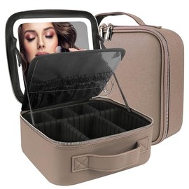 MOMIRA Travel Makeup Bag Cosmetic Bag Makeup Organizer Bag with Large Lighted Mirror 3 Color Scenarios Adjustable Brightness, Waterproof Makeup Travel Case(Deep Apricot)