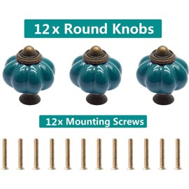 Cjueiom 12 Pack Ceramic Door Knobs Teal Drawer Knobs, Pumpkin Ceramic Knobs Vintage Cupboard Knobs with Mounting Screws, Antique Wardrobe Pull Handles Kitchen Cabinet Knobs for Dresser