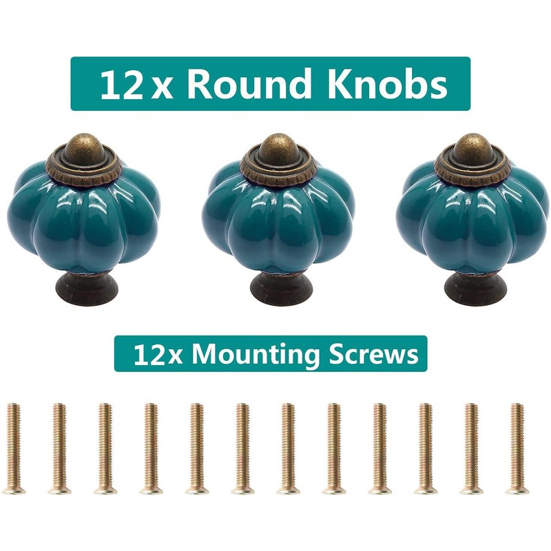 Cjueiom 12 Pack Ceramic Door Knobs Teal Drawer Knobs, Pumpkin