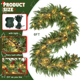 6FT Christmas Cedar Garland with Lights, Realistic Soft Faux Cedar Garlands,Thickness Pine Garland for Home Fireplace Mantle Table