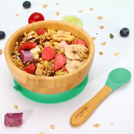 Vinsani Bamboo Bowl and Spoon Set for Baby/Toddler, Suction Plate, Stay-Put Design, Hypoallergenic and BPA-Free (Blue)