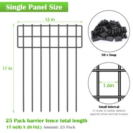 25 Pack Animal Barrier Fence, 17 in(H) X 27 Ft(L) No Dig Garden Decorative Fencing, Rustproof Metal Wire Panel Garden Fence Border for Dog Rabbits Ground Stakes Fence and Outdoor Landscape Patio