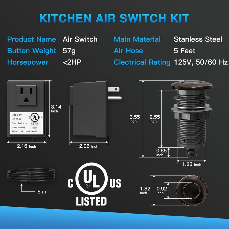 Garbage Disposal Air Switch Kit, UL Certified Garbage Disposal Button