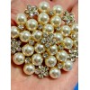 Unbranded Pearl with Rhinestone Flowers Round Gold Brooch Box included