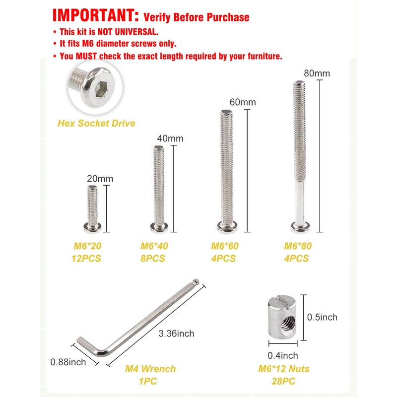 Crib Screws Bolts Hardware Replacement Kit, 28 Set M6x20/40/60/80mm Hex