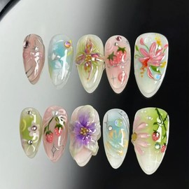 Flower Press on Nails Glossy Fake Nails with Strawberrberry & Droplet Design Gradient Medium Almond False Nails Full Cover Floral Artificial Acrylic Nails for Women Nail Art Manicure 30 Pcs