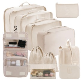 Packing Cubes Compression Storage Luggage Organizers Bags 9 set/11set for Travel Clothing Classification Storage Bag (Beige, 11 Pieces)